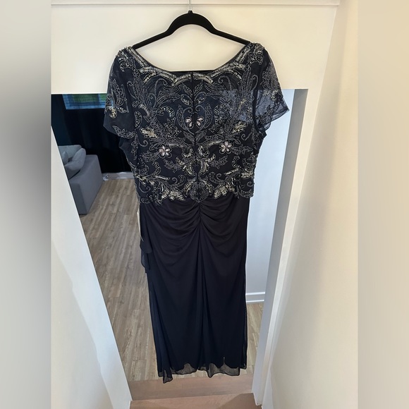 Xscape Dress Navy Blue Illusion Beaded Chiffon Ruched Gown NWT Formal - Picture 7 of 11